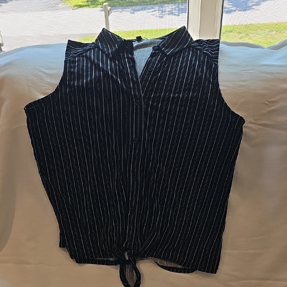 Adrianna Papell Navy Striped Button Down Shirt